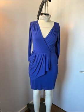 BCBGMaxAzria Cobalt Blue Draped Wrap-Front Long Sleeve Dress